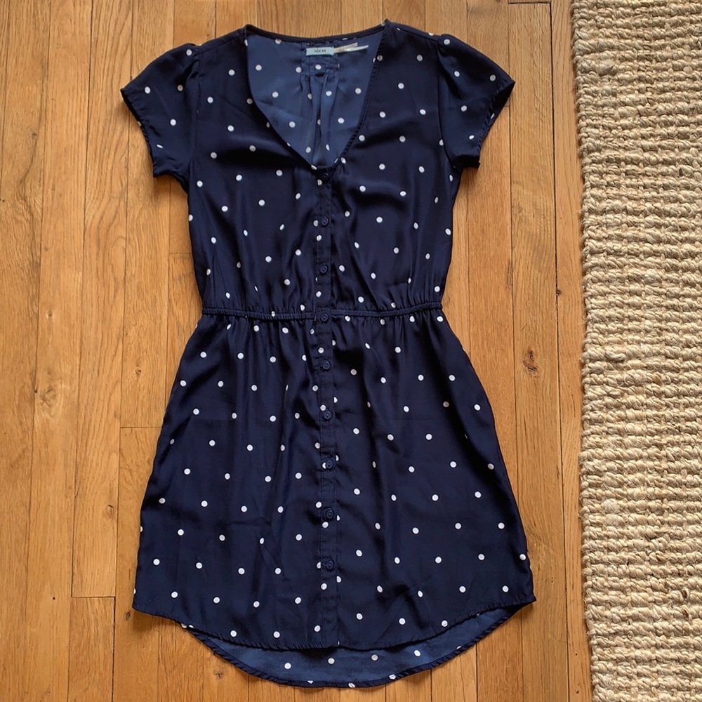 V-neck navy blue & white polka dot mini dress